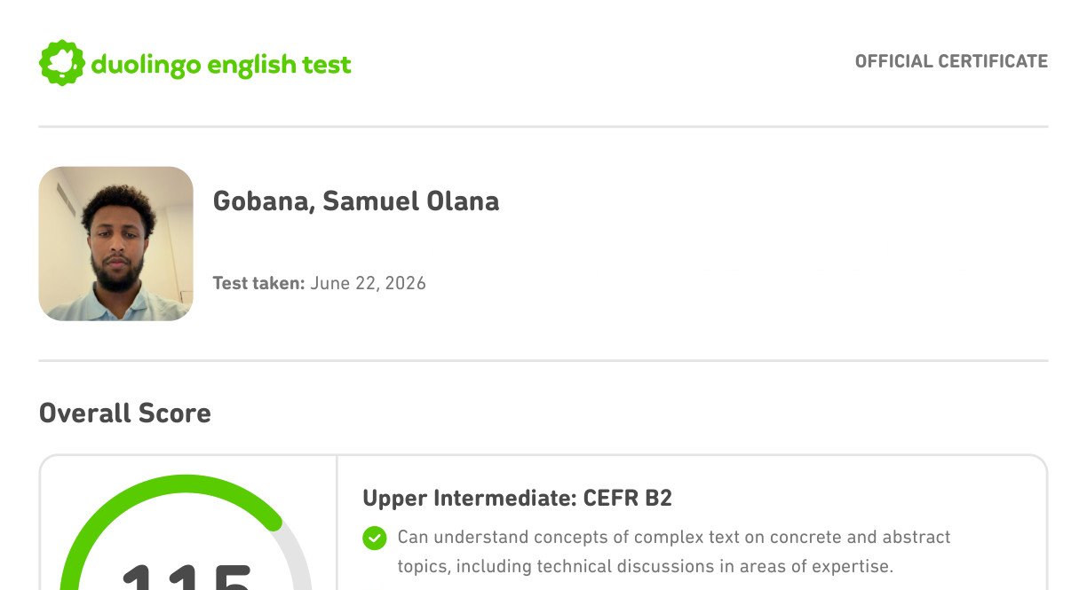 Official DET certificate showing overall score 115