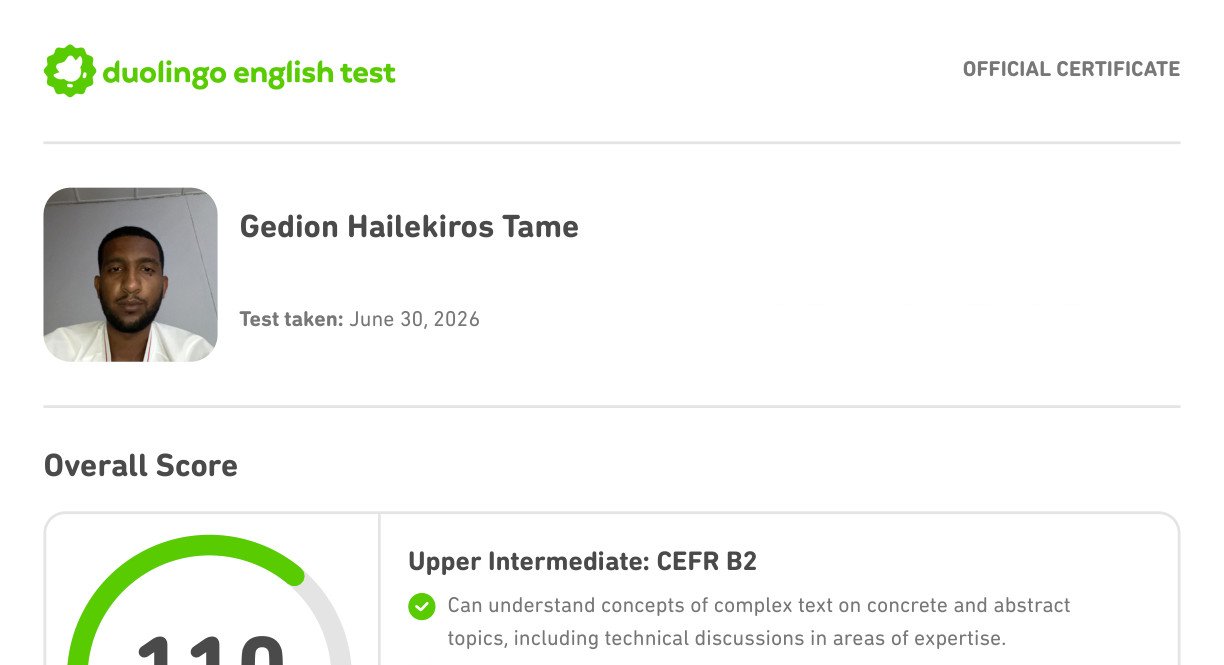 Official DET certificate showing overall score 110