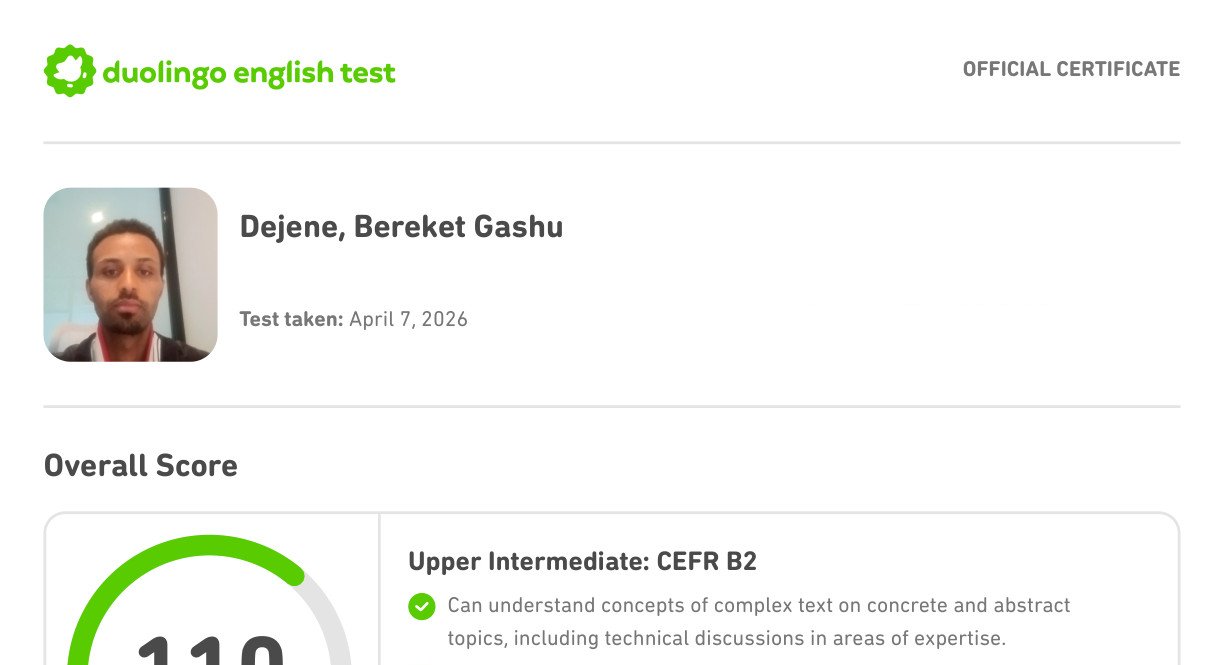 Official DET certificate showing overall score 110